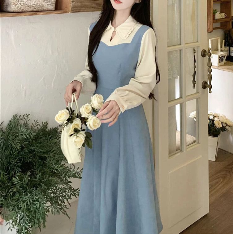 Two Dress A-Line Two-Piece Mock Midi Tone Long-Sleeve