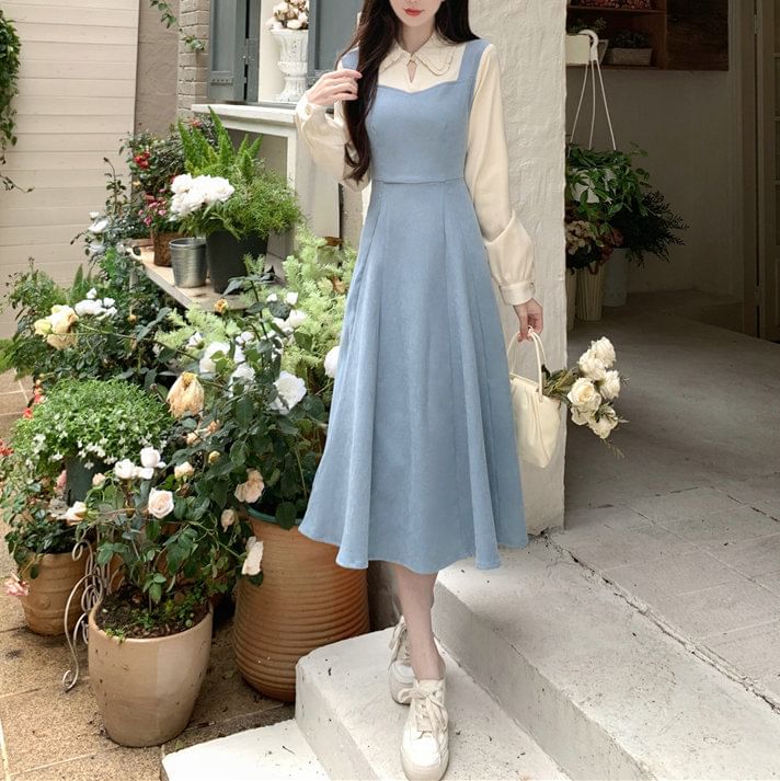 Two Dress A-Line Two-Piece Mock Midi Tone Long-Sleeve