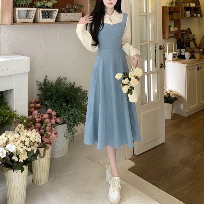 Two Dress A-Line Two-Piece Mock Midi Tone Long-Sleeve