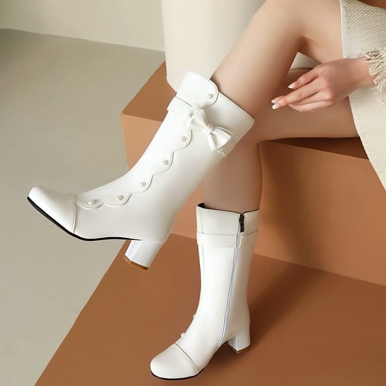 Boots Mid-Calf Faux Chunky Pearl Heel