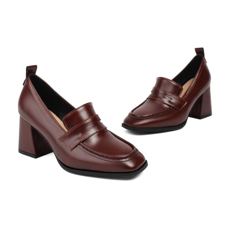 Heel Penny Loafers Faux Chunky Leather