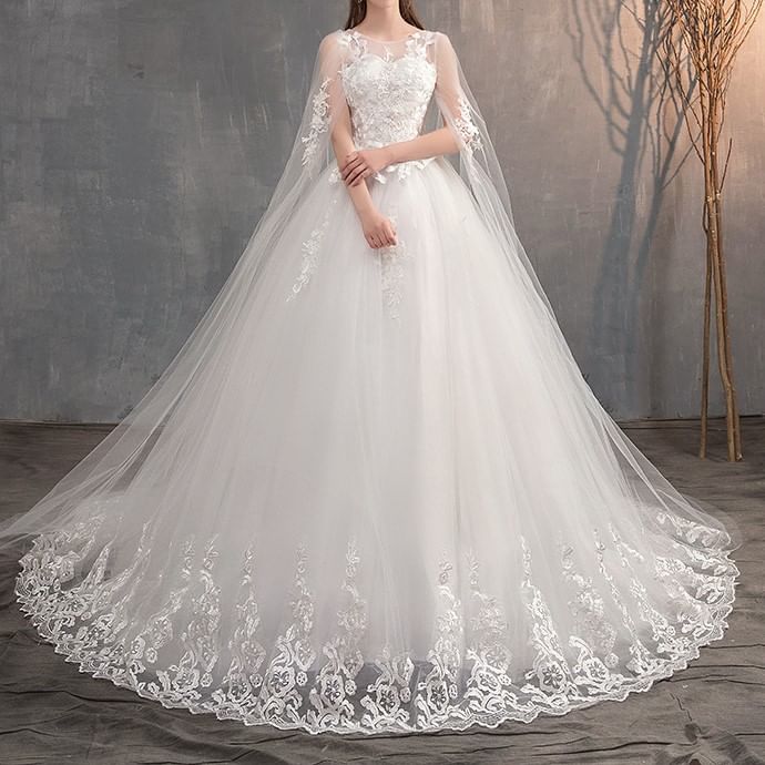 A-Line Flared-Sleeve Embroidered Wedding Flower Gown