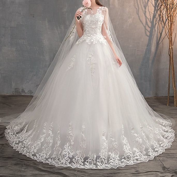 A-Line Flared-Sleeve Embroidered Wedding Flower Gown