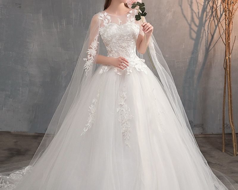 A-Line Flared-Sleeve Embroidered Wedding Flower Gown