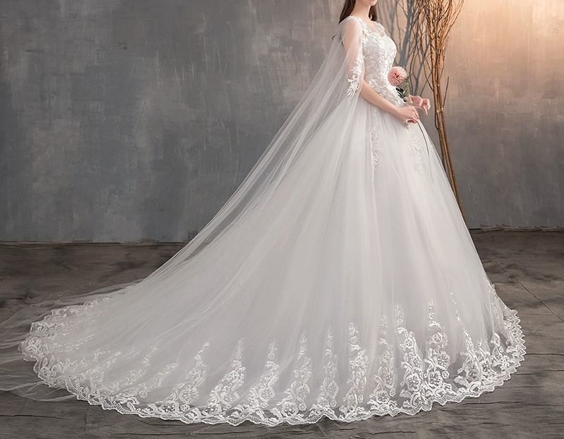 A-Line Flared-Sleeve Embroidered Wedding Flower Gown