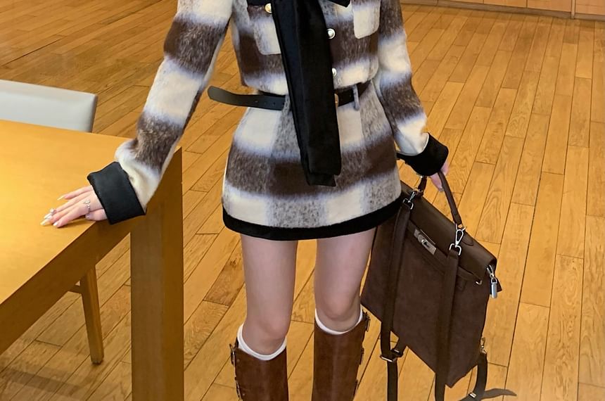 Crew Plaid Mini Button-Up Accent Neck Jacket Crop / Pencil Skirt Contrast Trim Bow High Rise