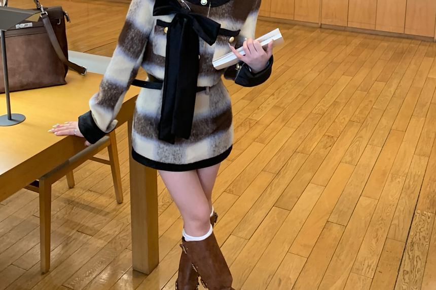 Crew Plaid Mini Button-Up Accent Neck Jacket Crop / Pencil Skirt Contrast Trim Bow High Rise