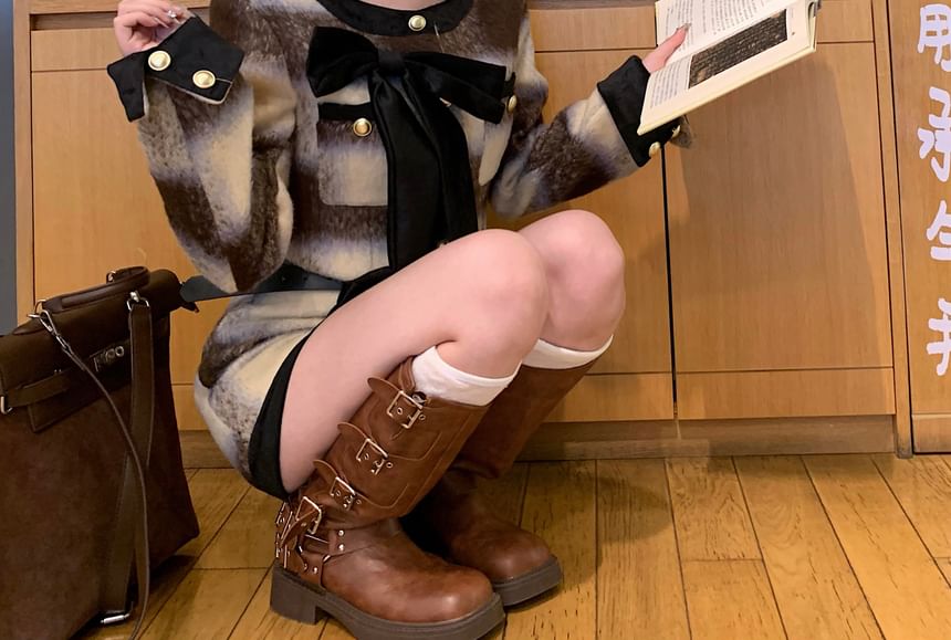 Crew Plaid Mini Button-Up Accent Neck Jacket Crop / Pencil Skirt Contrast Trim Bow High Rise