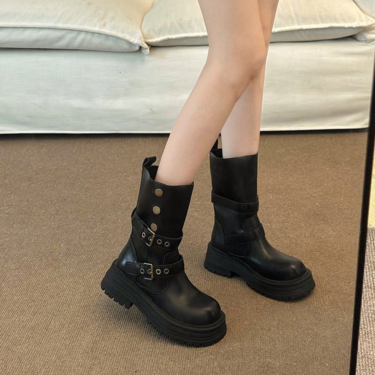 Leather Short Buckled Plain Faux Boots Platform