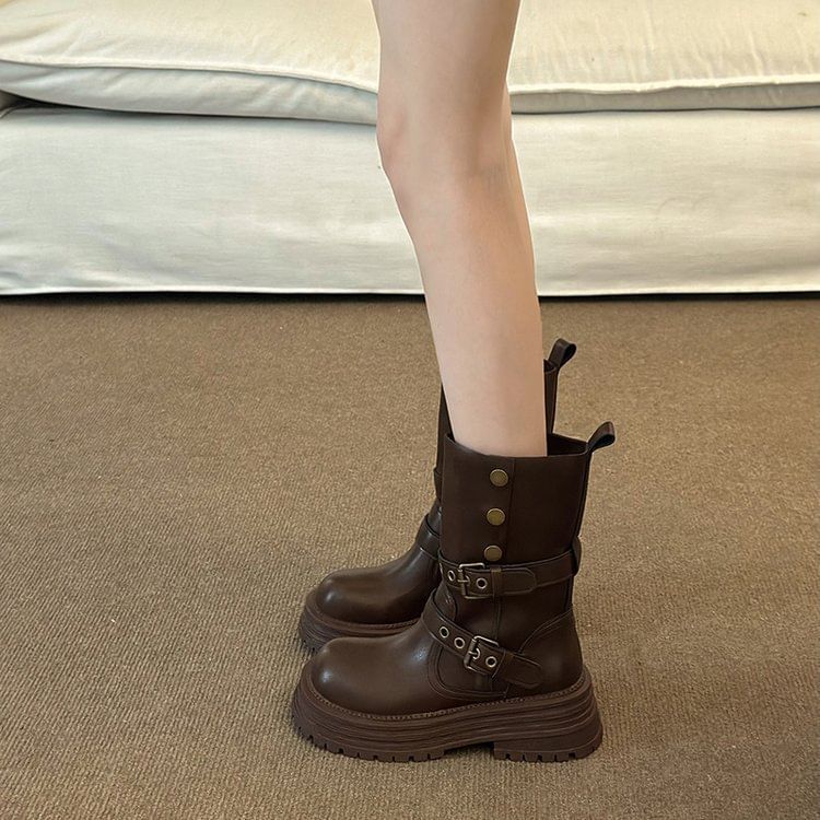 Leather Short Buckled Plain Faux Boots Platform