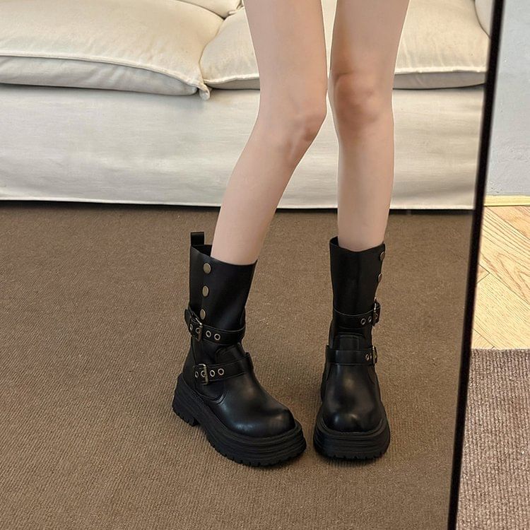 Leather Short Buckled Plain Faux Boots Platform