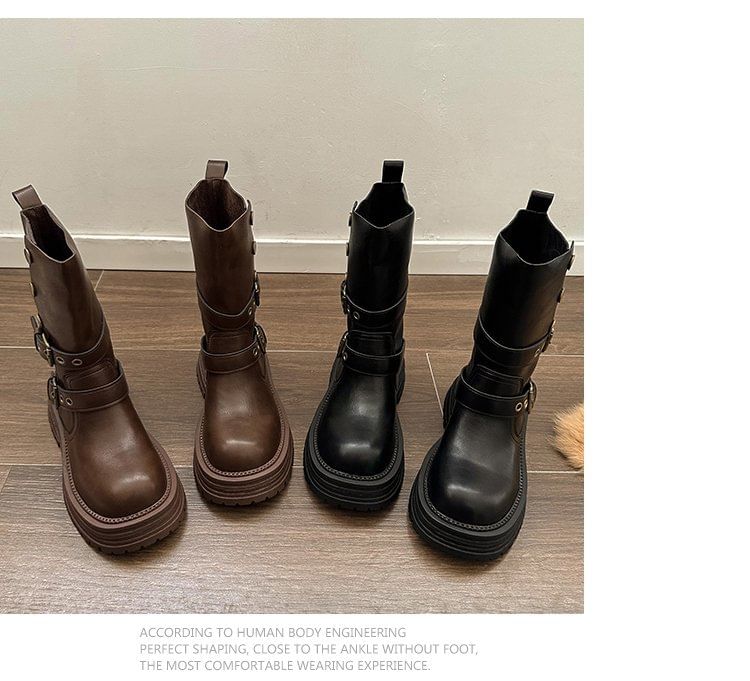 Leather Short Buckled Plain Faux Boots Platform