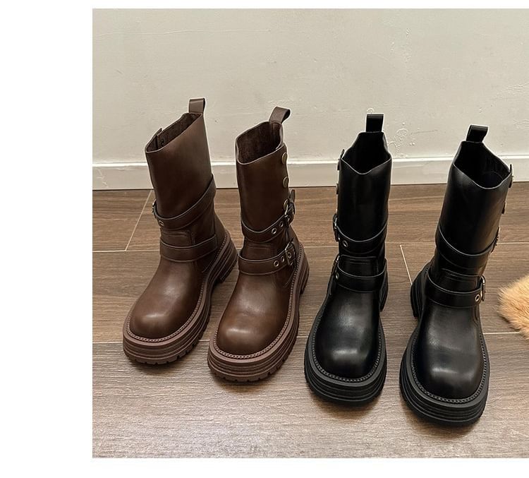 Leather Short Buckled Plain Faux Boots Platform