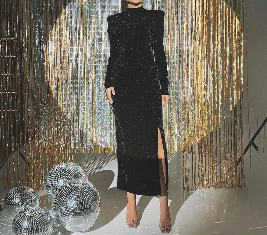 High Bodycon Glitter Evening Neck Gown Long-Sleeve
