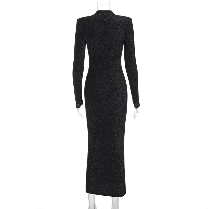 High Bodycon Glitter Evening Neck Gown Long-Sleeve