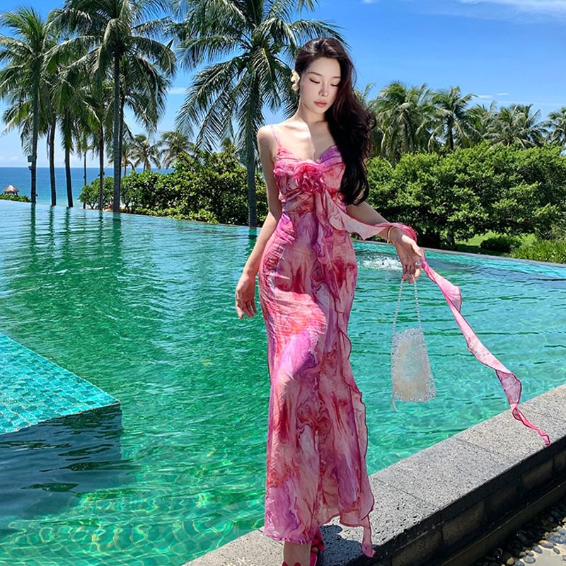 Accent Midi Tie A-Line Trim Dye Strap Spaghetti Ruffle Sundress Flower