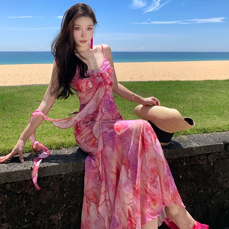 Accent Midi Tie A-Line Trim Dye Strap Spaghetti Ruffle Sundress Flower