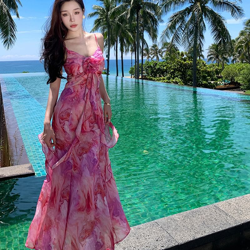 Accent Midi Tie A-Line Trim Dye Strap Spaghetti Ruffle Sundress Flower