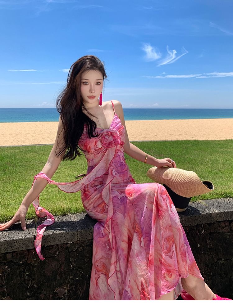 Accent Midi Tie A-Line Trim Dye Strap Spaghetti Ruffle Sundress Flower