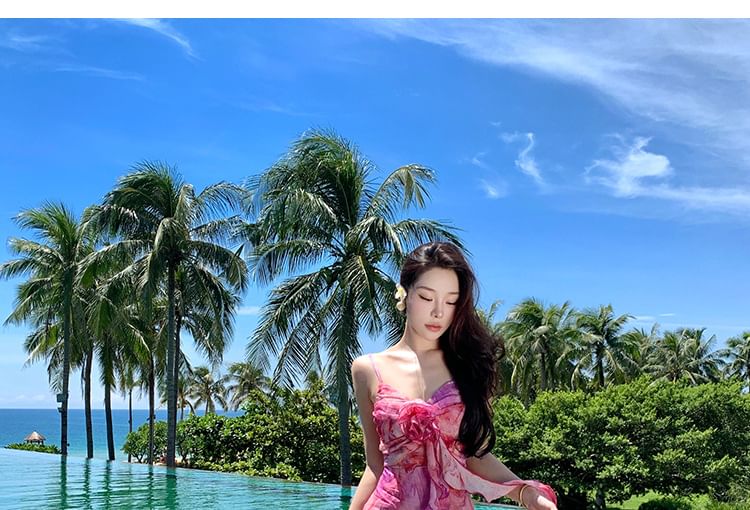 Accent Midi Tie A-Line Trim Dye Strap Spaghetti Ruffle Sundress Flower