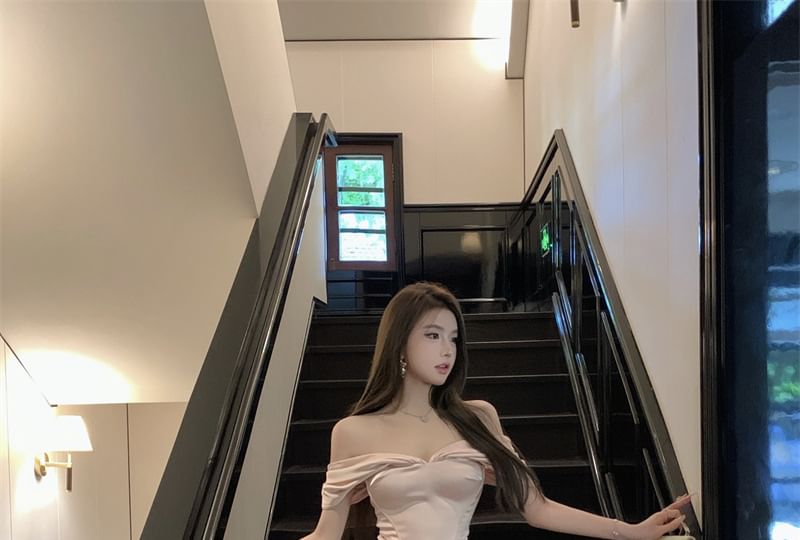 Dress Asymmetrical Sheath Plain Ruched Mini Off-Shoulder Cap-Sleeve