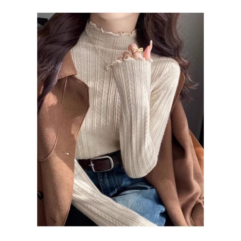 Lettuce Neck Mock Edge Long-Sleeve Knit Plain Top