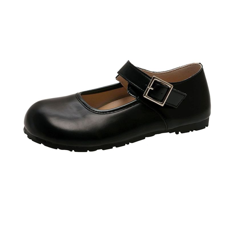 Jane Round Plain Toe Flats Mary Leather Buckled Faux
