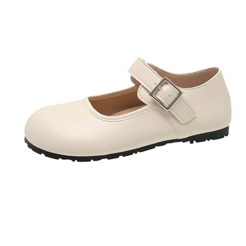 Jane Round Plain Toe Flats Mary Leather Buckled Faux
