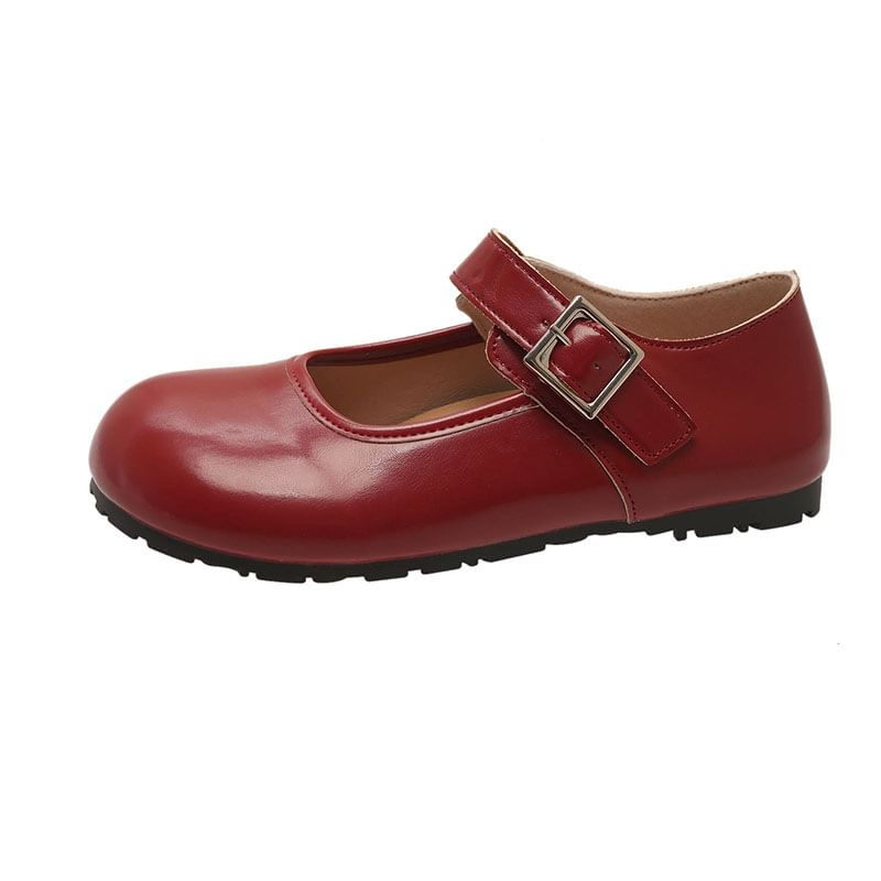 Jane Round Plain Toe Flats Mary Leather Buckled Faux
