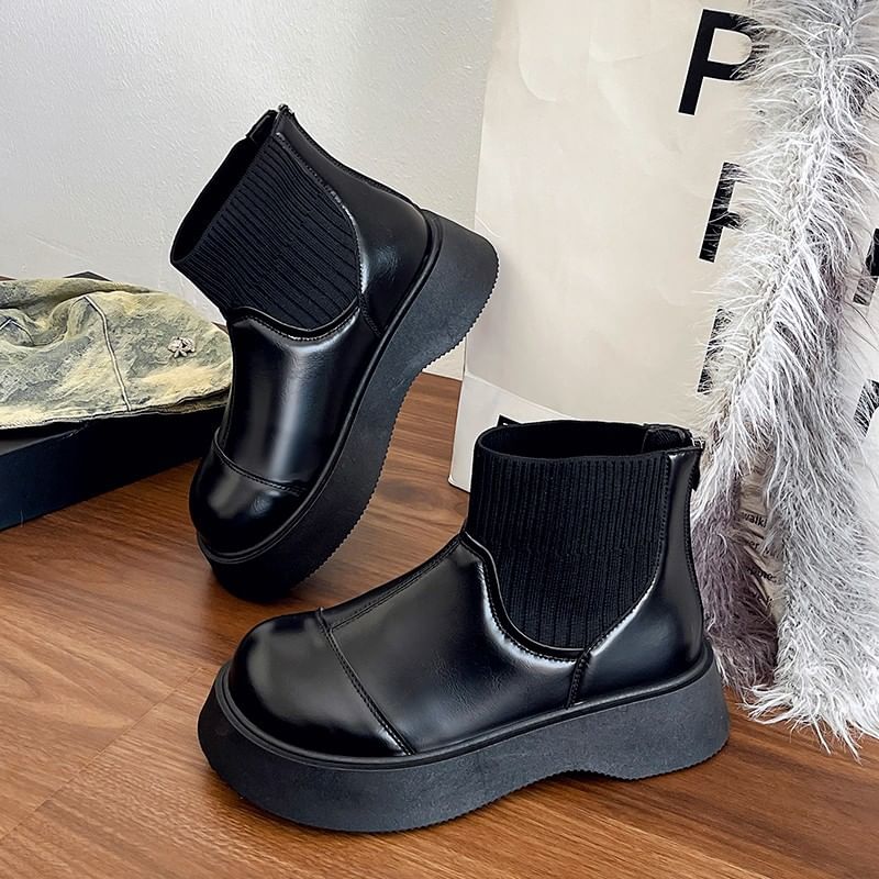 Plain Short Leather Faux Platform Boots Sock