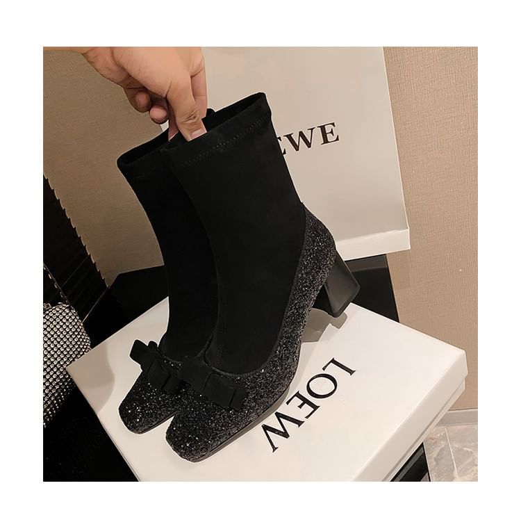 Boots Short Block Square Sock Bow Toe Heel Glitter