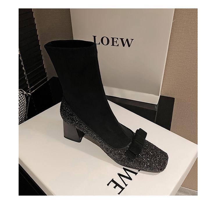 Boots Short Block Square Sock Bow Toe Heel Glitter