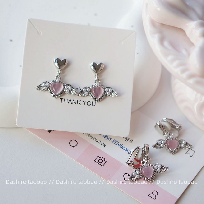 Earring Clip-On / Gemstone Heart Drop