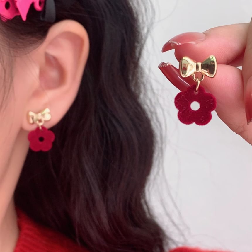 / Earring Drop Floral Bow Clip-On