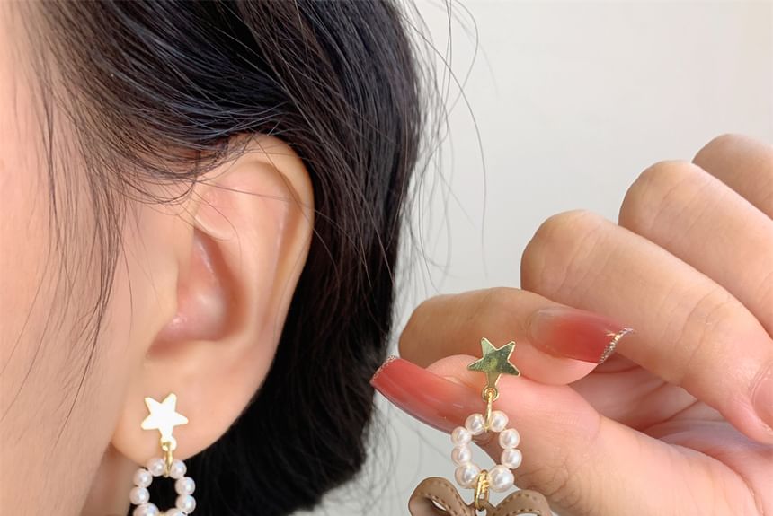 Clip-On Drop Earring Bow / Pearl Faux Pom