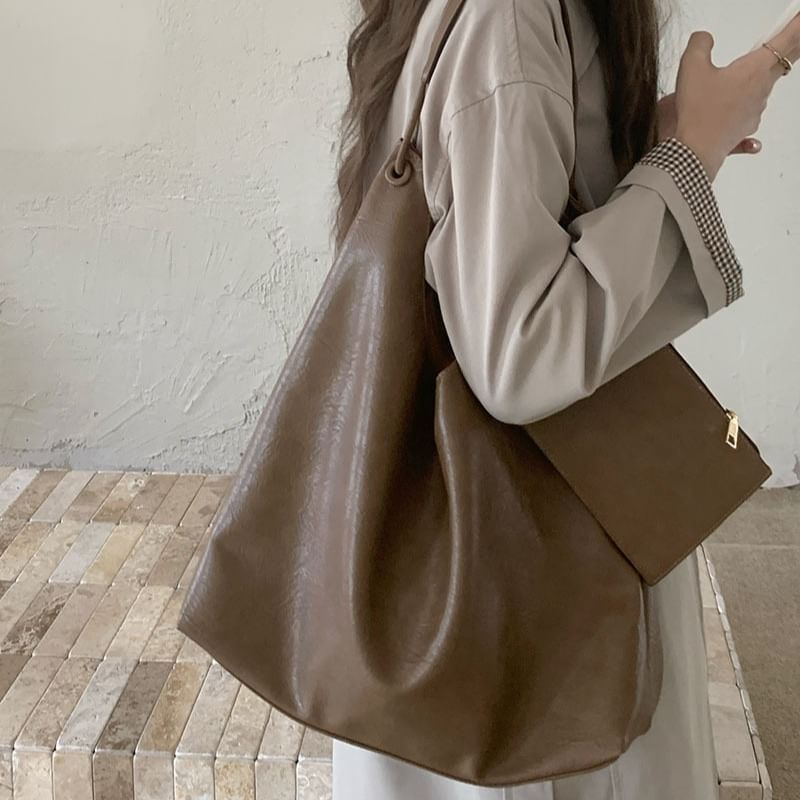 Bag Leather Faux Tote Pouch With Plain