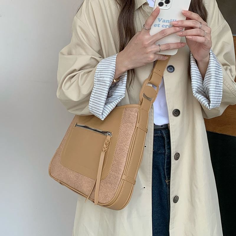 Faux Shoulder Zip Leather Panel Bag