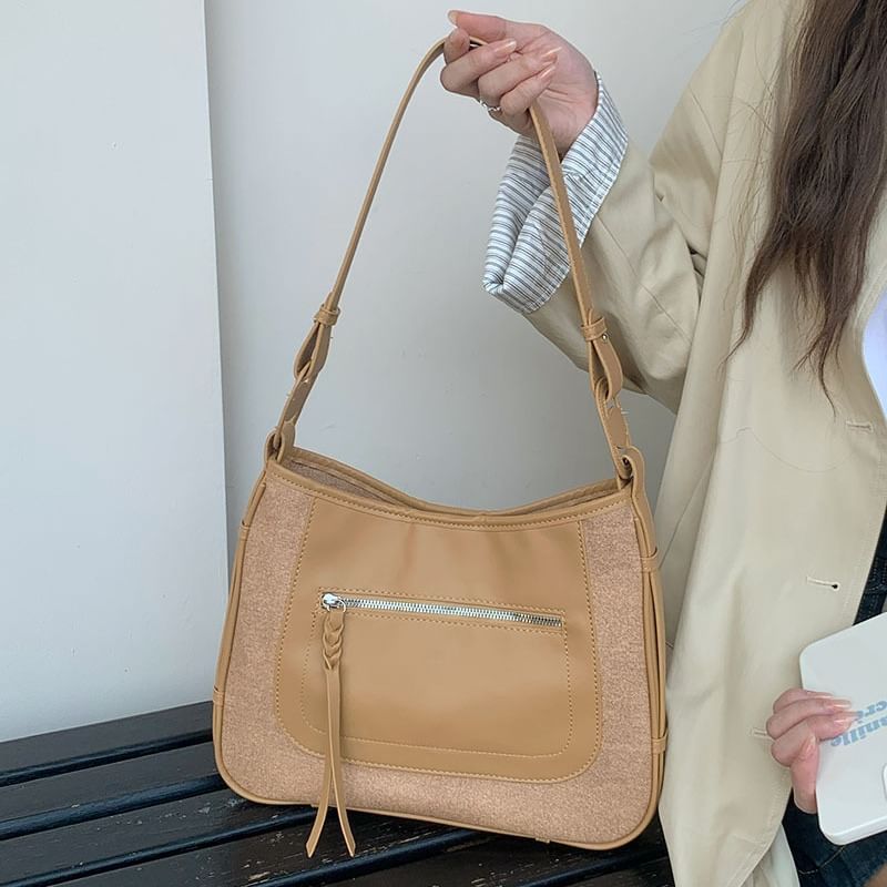 Faux Shoulder Zip Leather Panel Bag