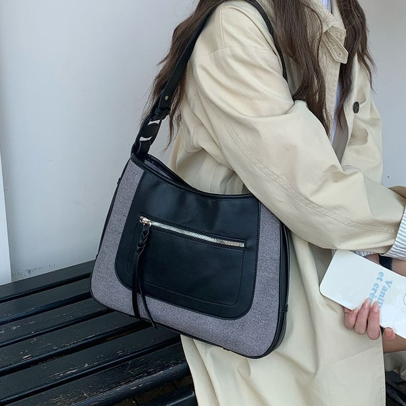 Faux Shoulder Zip Leather Panel Bag