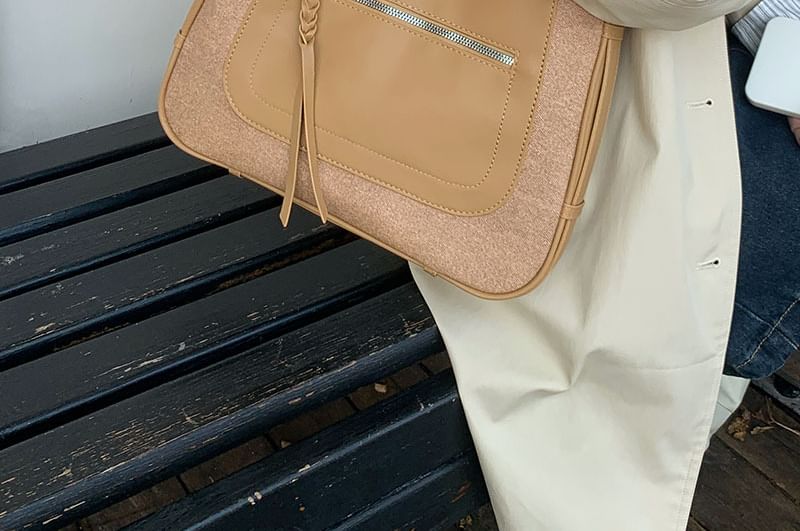 Faux Shoulder Zip Leather Panel Bag