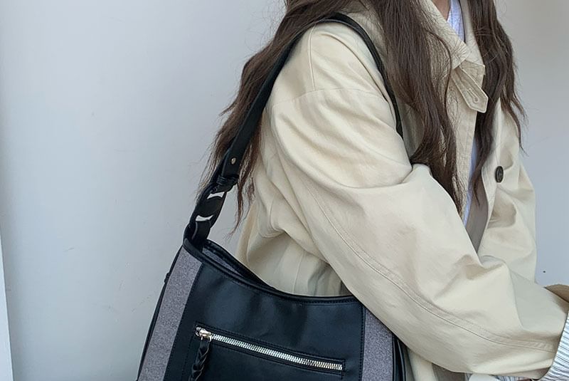 Faux Shoulder Zip Leather Panel Bag