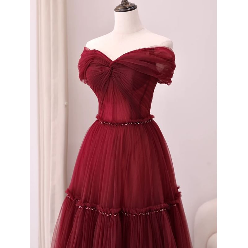 Off-Shoulder Mesh Evening Plain Gown A-Line Knot