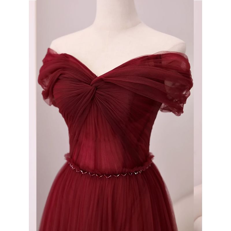 Off-Shoulder Mesh Evening Plain Gown A-Line Knot
