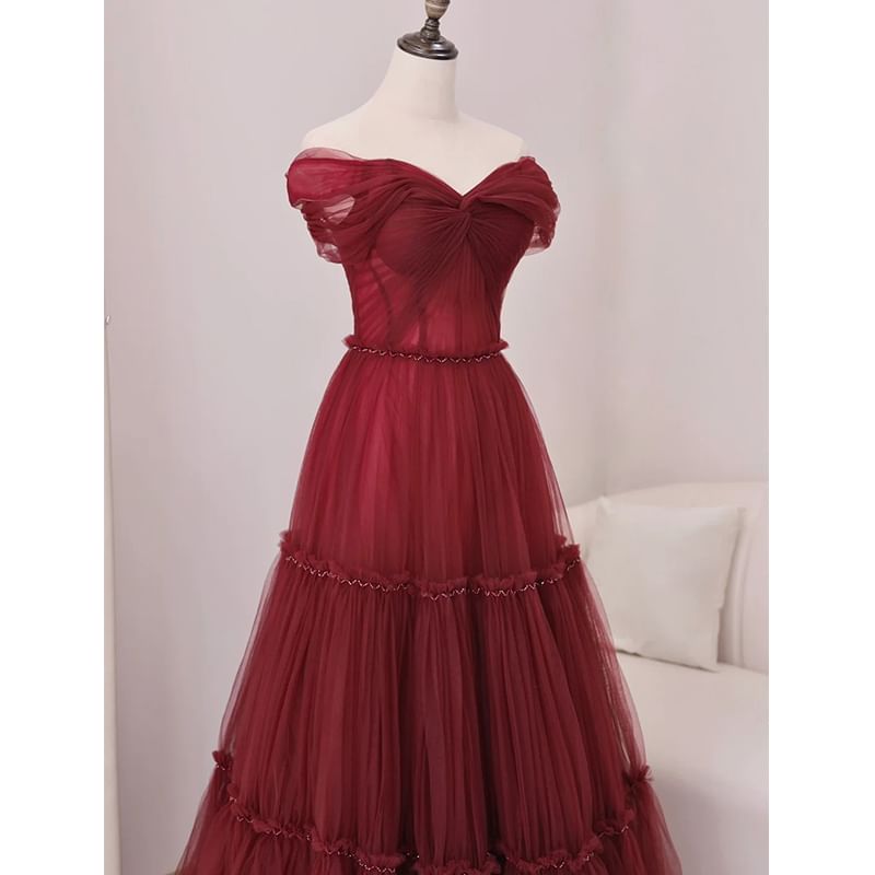 Off-Shoulder Mesh Evening Plain Gown A-Line Knot