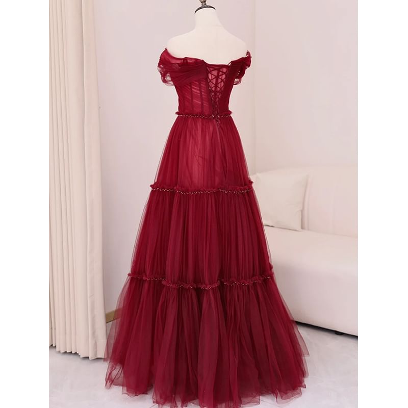 Off-Shoulder Mesh Evening Plain Gown A-Line Knot