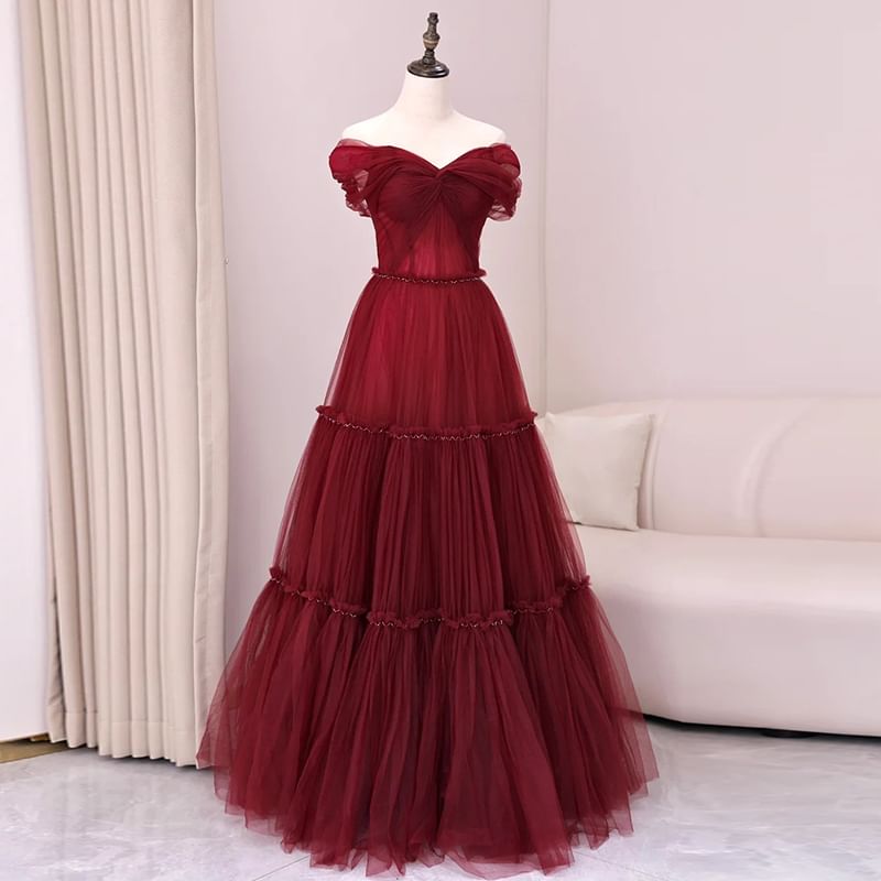Off-Shoulder Mesh Evening Plain Gown A-Line Knot