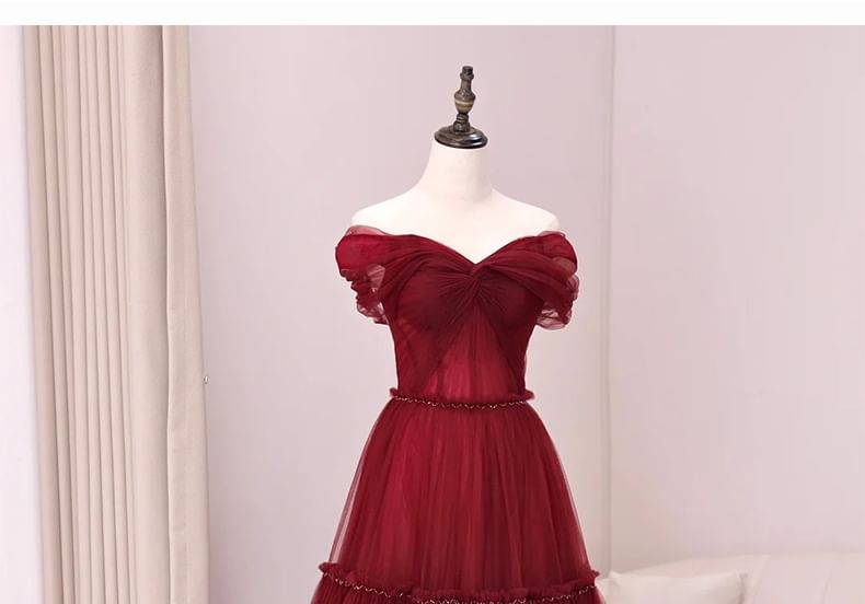 Off-Shoulder Mesh Evening Plain Gown A-Line Knot