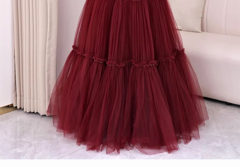 Off-Shoulder Mesh Evening Plain Gown A-Line Knot