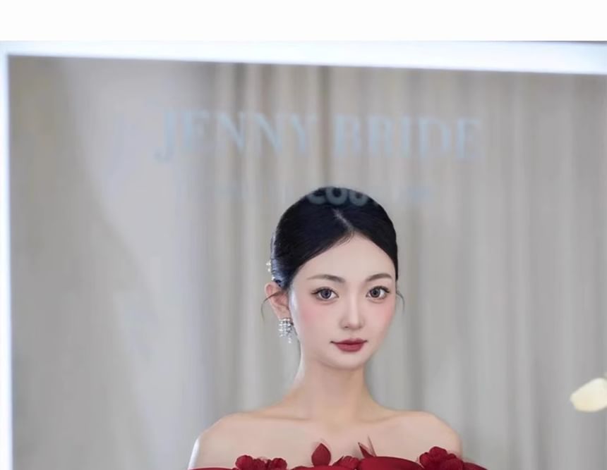 Accent Gown Bow A-Line Off-Shoulder Flower Evening Plain