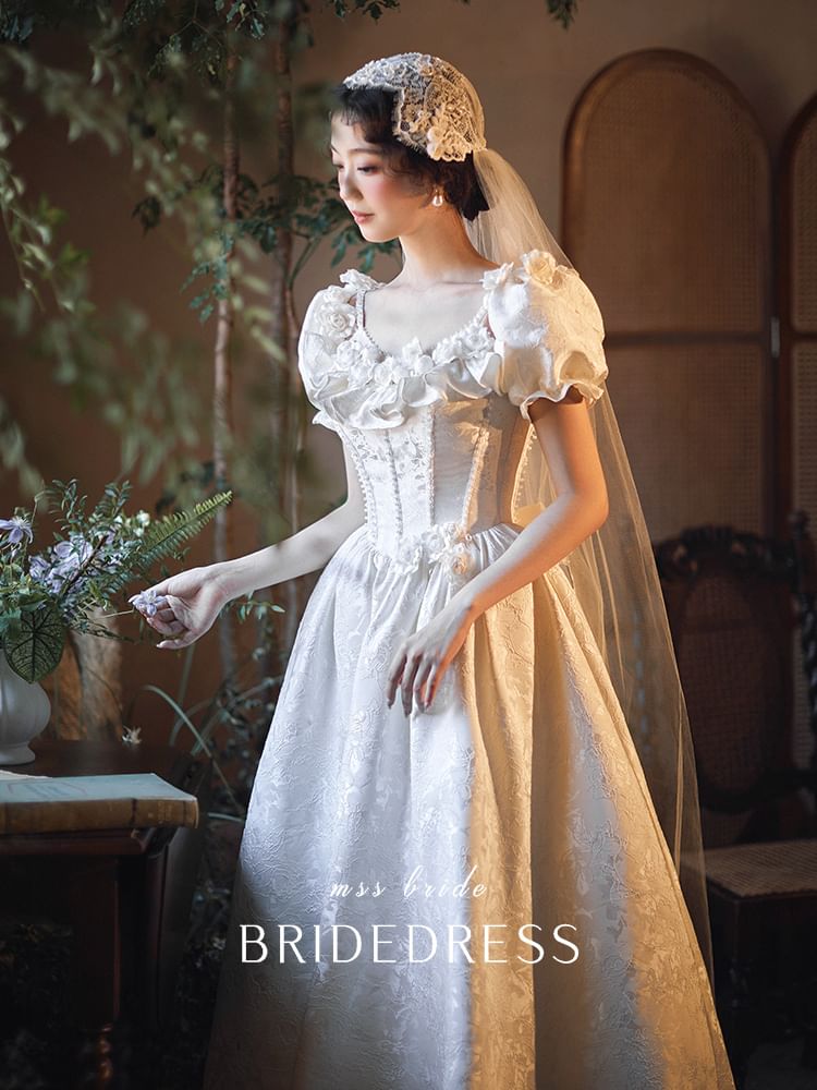 Sleeve Gown A-Line Jacquard Scoop Ruffle Wedding Neck Puff